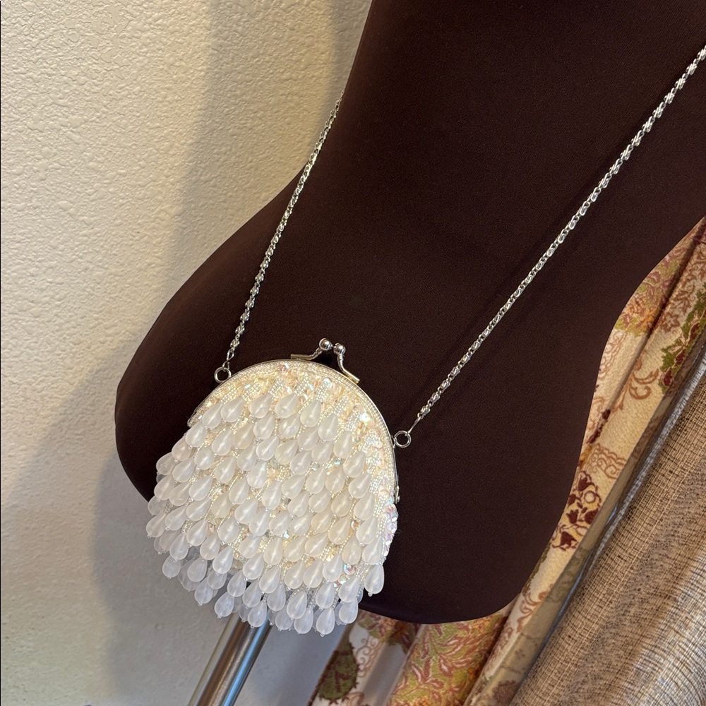 Cache, Elegant White Beaded Evening Bag.